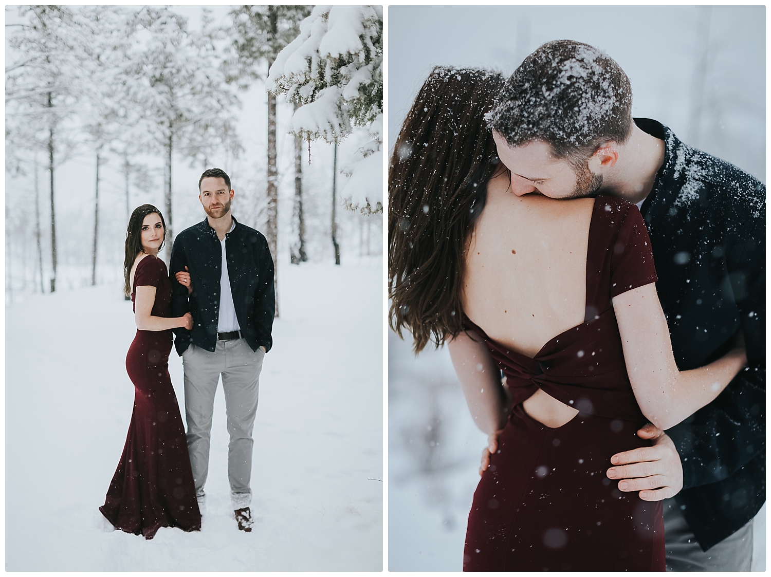 Snowy Engagement pictures, snowy engagement session, kelowna wedding photographer, kelowna engagement photographer, okanagan engagement photographer, okanagan wedding photographer, Heatherly Photography, intimate engagement photography, lifestyle engagement photography, indie couple, mountain engagement, burgundy dress, Lulus dress, candid photography, natural photography